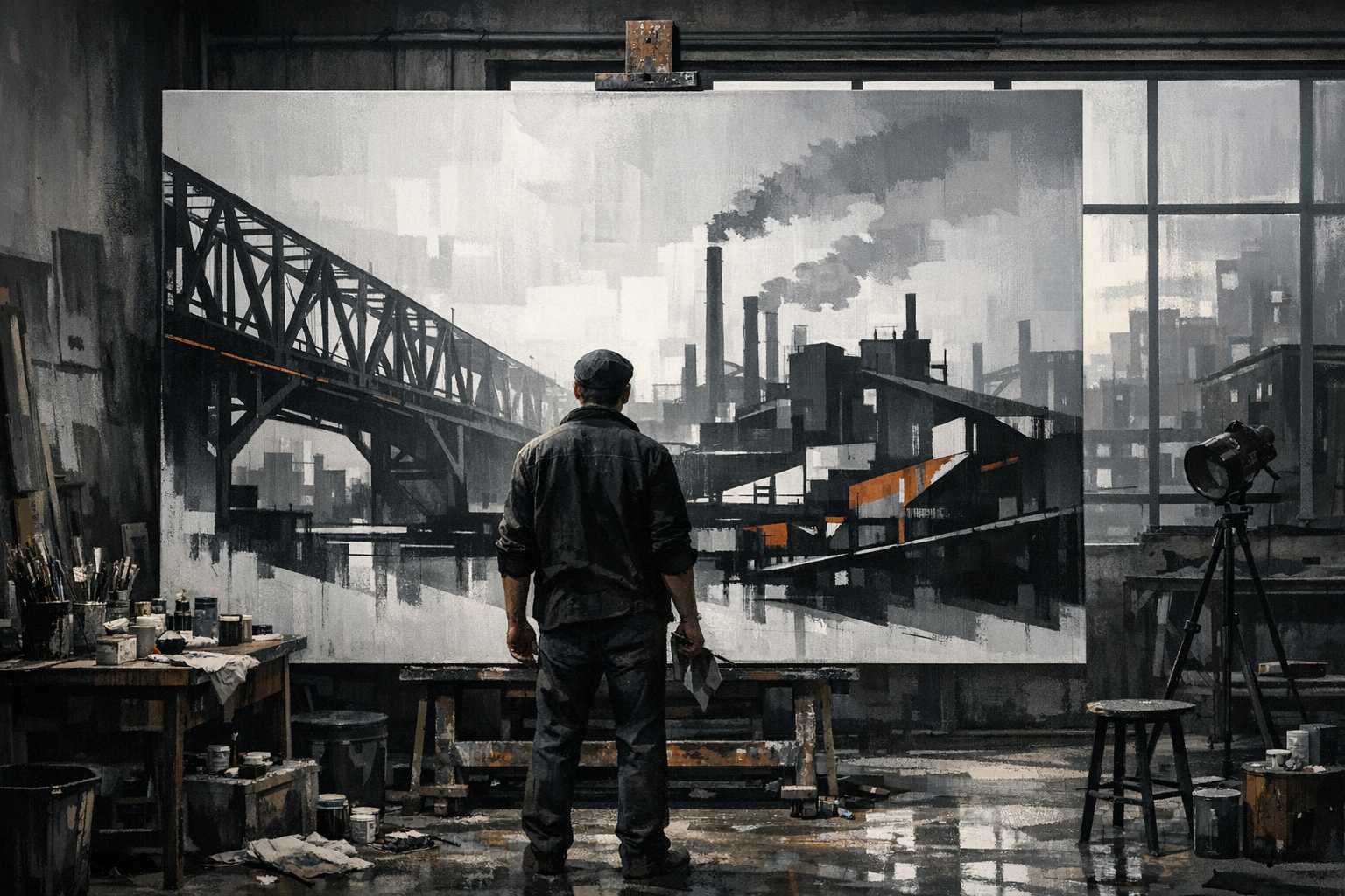 Industrial Minimalist Art: Urban Structure Painting Guide