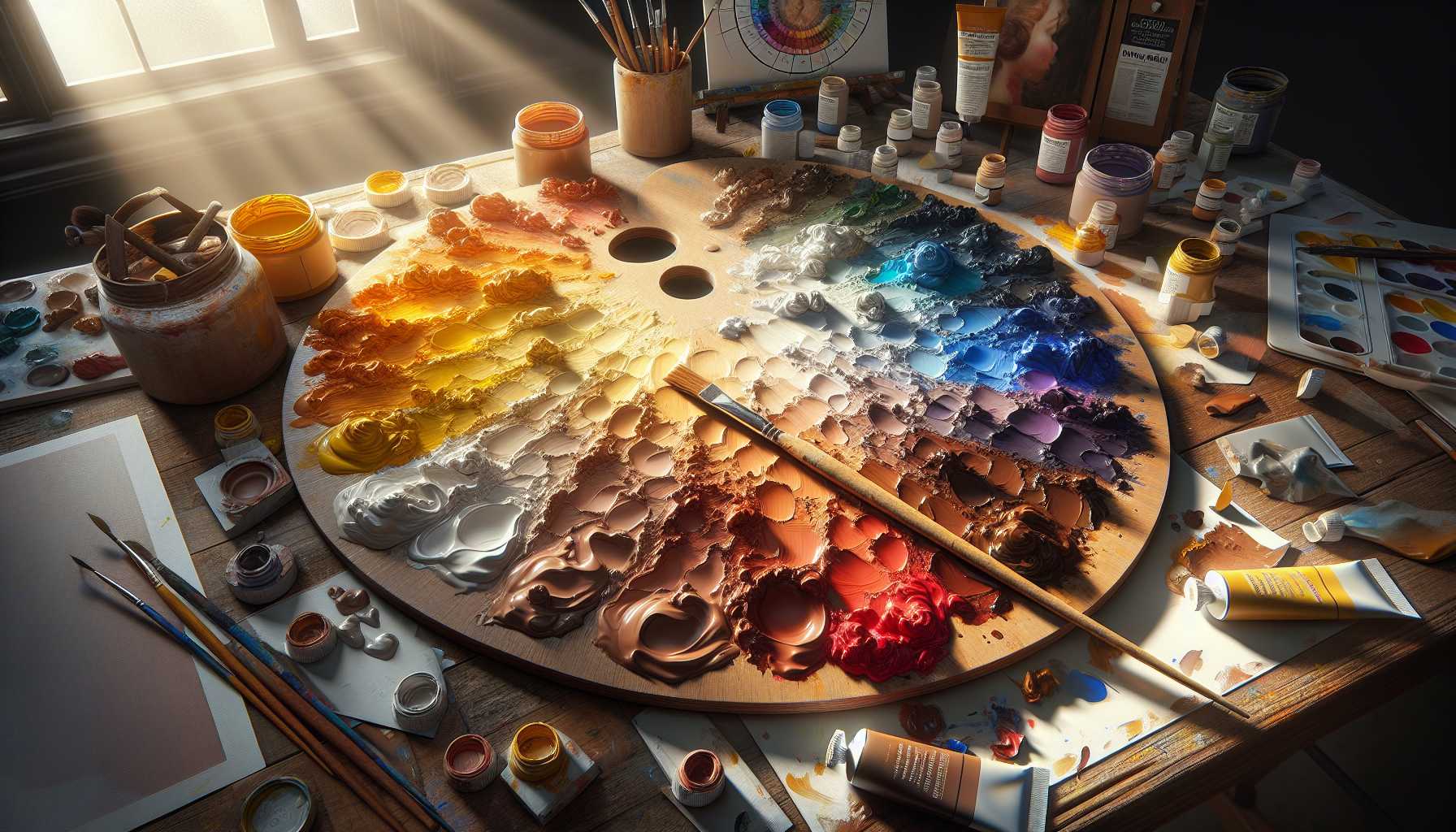 A professional artist's workspace photographed from above, showing a wooden palette with various skin tone paint mixtures arranged in a gradient from light to dark. The palette contains clearly visible dollops of Titanium White, Yellow Ochre, Burnt Sienna, Burnt Umber, Cadmium Red, and Ultramarine Blue around the edges. A paintbrush is actively mixing colors, creating a beautiful blend. Natural daylight streams in from the side, illuminating the rich, realistic skin tone mixtures. Paint tubes, a color wheel reference, and a partially completed portrait canvas are visible in the background. Photorealistic style, soft lighting, high detail, 4K resolution.