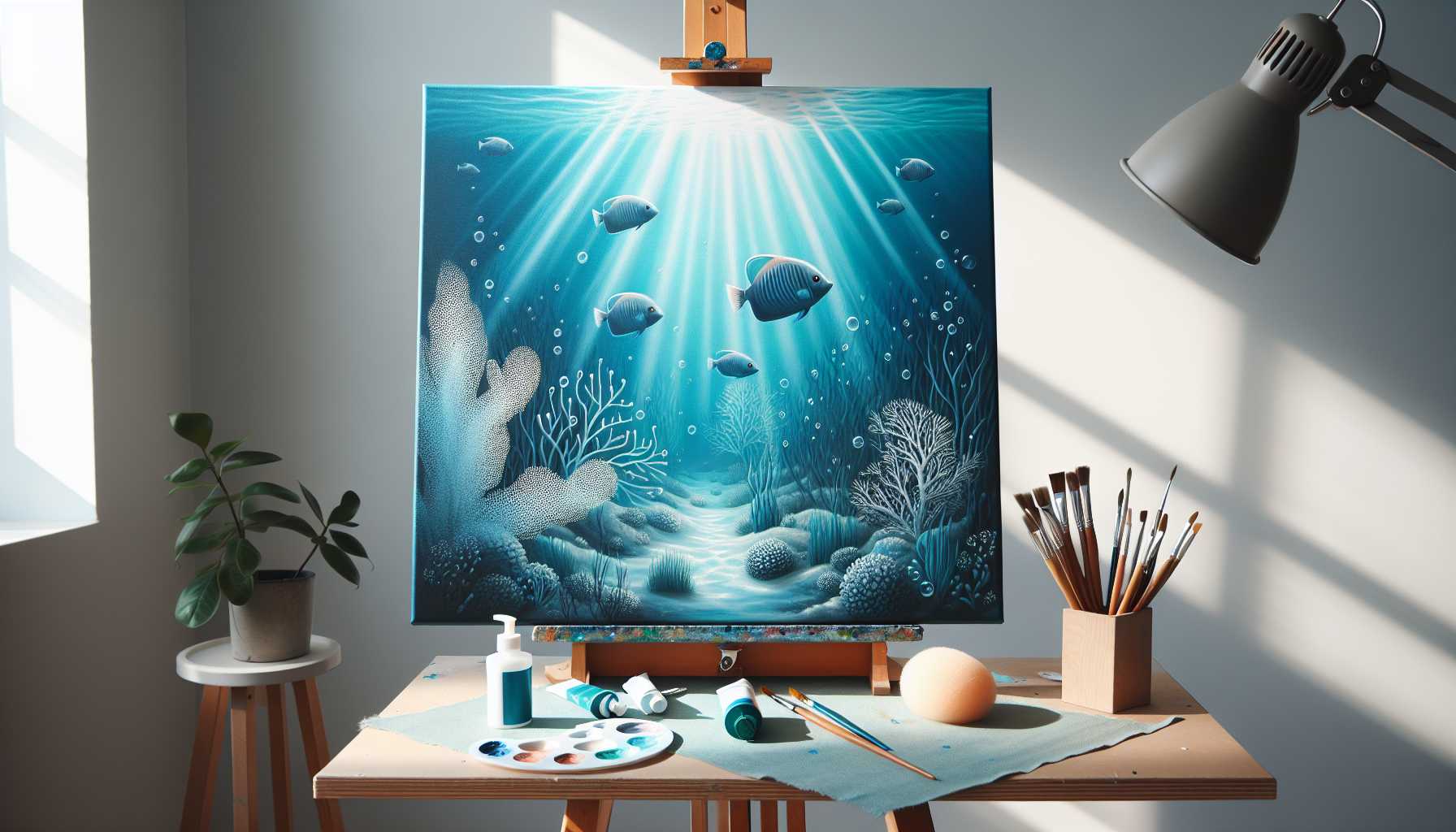 A beginner's underwater painting in progress on an easel, showing a serene ocean scene with gentle blue gradients from light to dark. The painting features simple oval-shaped fish, wavy seaweed, and sponge-textured coral in the foreground. Striking white light rays beam down from the surface, creating a magical atmosphere. Basic painting supplies like brushes, acrylic paints, and a sponge are visible beside the canvas. The scene is captured in soft, natural lighting, emphasizing the artwork's peaceful, amateur-friendly nature. Photorealistic style. This prompt aims to create an inviting and instructional image that aligns with the article's beginner-friendly approach while showcasing the key elements discussed in the tutorial.