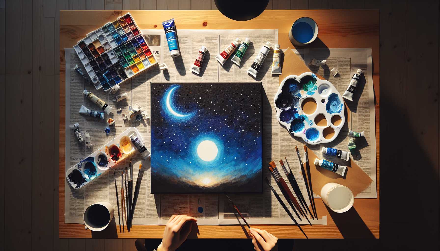 A cozy art workspace photographed from above, showing an in-progress night sky painting on canvas alongside arranged art supplies. The canvas displays a deep blue background with varying shades and white dots for stars, with a bright moon partially completed. Surrounding the canvas are organized acrylic paint tubes in blues, black, and white, various sized paintbrushes, a palette with mixed colors, a water cup, and scattered paper towels. The workspace is illuminated by warm lighting and covered with protective newspaper. The scene should appear inviting and achievable for beginners, shot in a realistic documentary style.